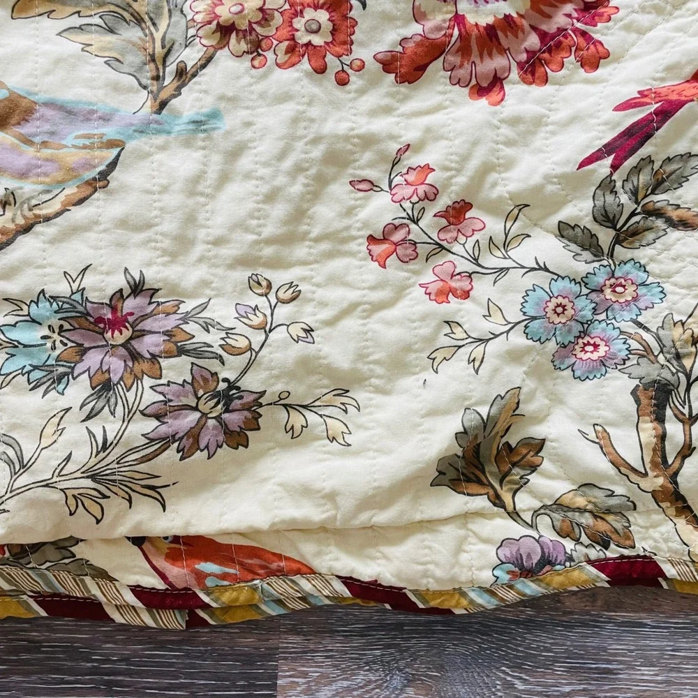 Waverly Charleston Chirp Quilted Pillow Shams Cream Floral Bird Chinoiserie